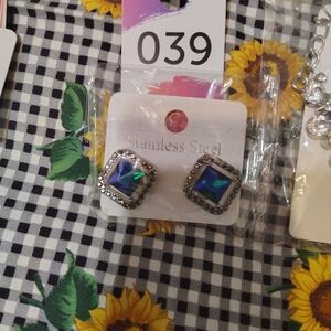 Stainless Steel Square Earrings with Blue and Green Accents